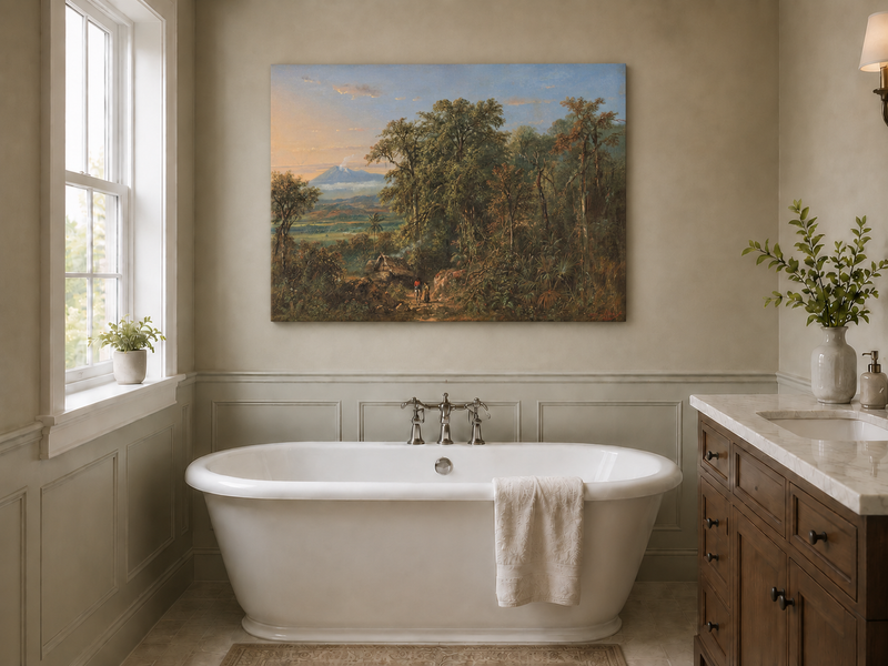 Hand-painted Tropical Forest with Distant Volcano landscape oil painting displayed as wall art in a styled interior