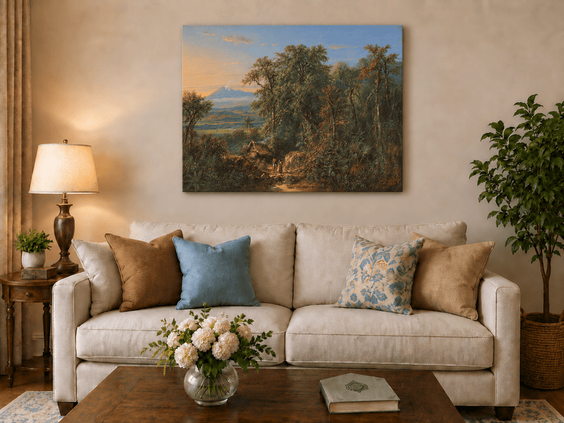 Hand-painted Tropical Forest with Distant Volcano landscape oil painting displayed as wall art in a styled interior