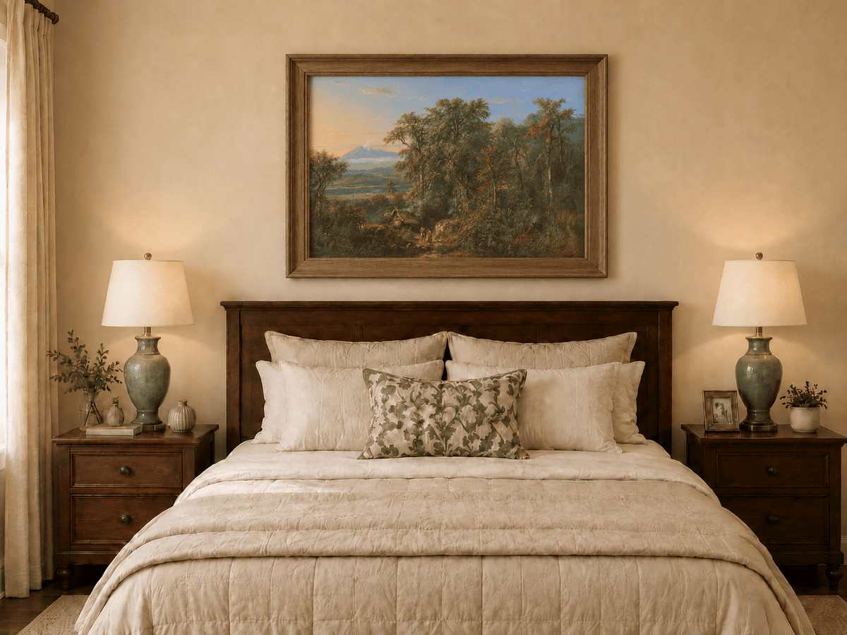 Hand-painted Tropical Forest with Distant Volcano landscape oil painting displayed as wall art in a styled interior