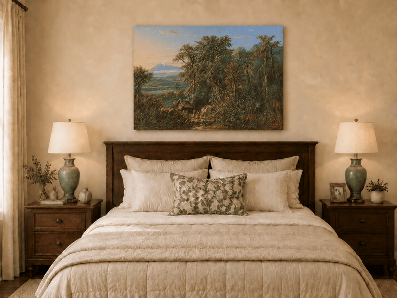 Hand-painted Tropical Forest with Distant Volcano landscape oil painting displayed as wall art in a styled interior