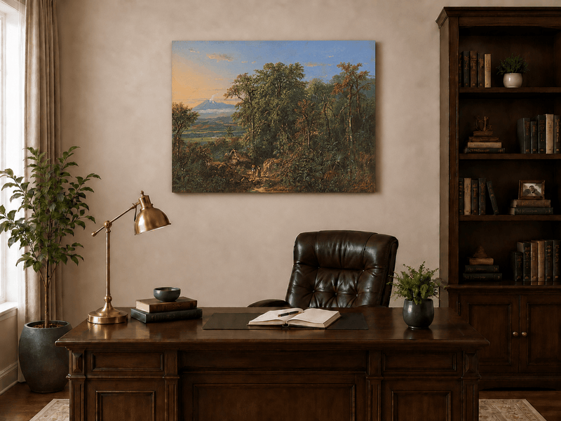 Hand-painted Tropical Forest with Distant Volcano landscape oil painting displayed as wall art in a styled interior