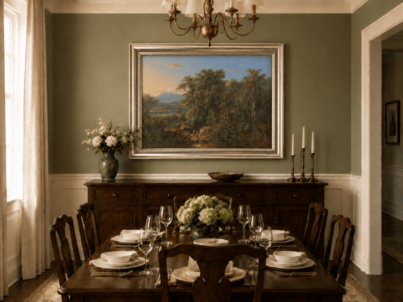 Hand-painted Tropical Forest with Distant Volcano landscape oil painting displayed as wall art in a styled interior