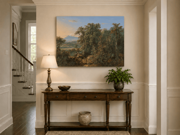 Hand-painted Tropical Forest with Distant Volcano landscape oil painting displayed as wall art in a styled interior