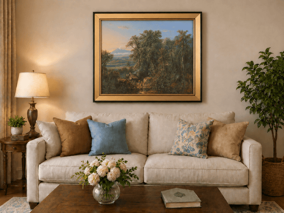 Hand-painted Tropical Forest with Distant Volcano landscape oil painting displayed as wall art in a styled interior