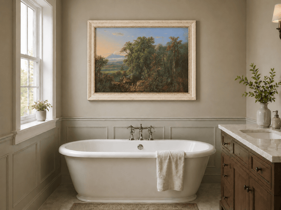 Hand-painted Tropical Forest with Distant Volcano landscape oil painting displayed as wall art in a styled interior