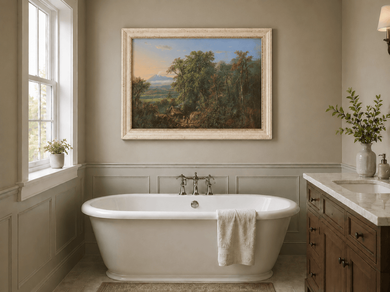 Hand-painted Tropical Forest with Distant Volcano landscape oil painting displayed as wall art in a styled interior