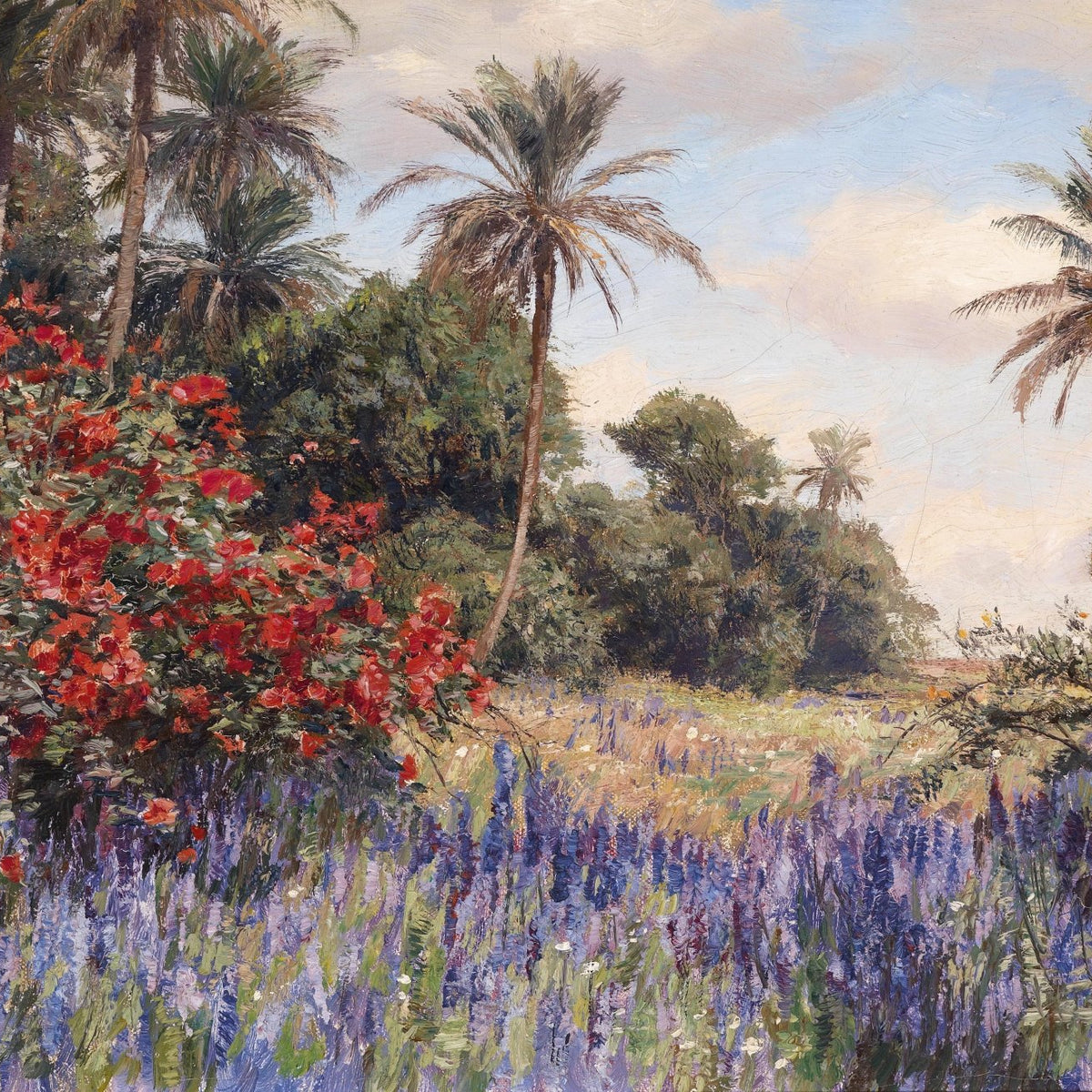 Landscape Oil Painting - Tropical Garden: Red Blooms & Purple Flower - Oil Painting Haven