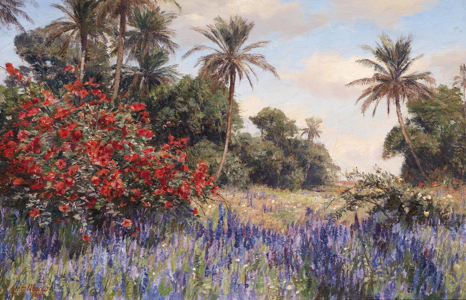 Landscape Oil Painting - Tropical Garden: Red Blooms & Purple Flower - Oil Painting Haven