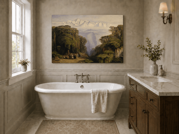 Hand-painted tropical jungle with snow-capped peaks and villagers landscape oil painting displayed in a bathroom interior above a bathtub.