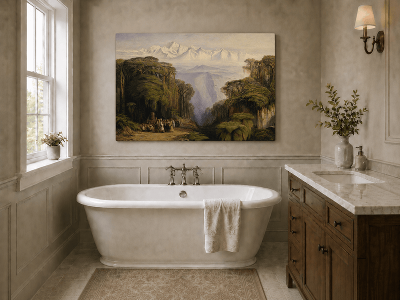 Hand-painted tropical jungle with snow-capped peaks and villagers landscape oil painting displayed in a bathroom interior above a bathtub.