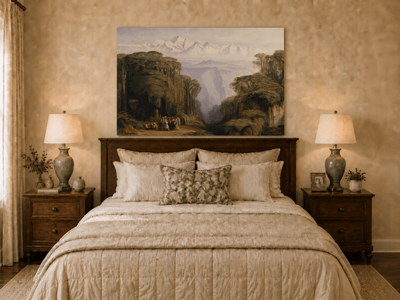 Hand-painted tropical jungle with snow-capped peaks and villagers landscape oil painting displayed above a bed in a bedroom interior.