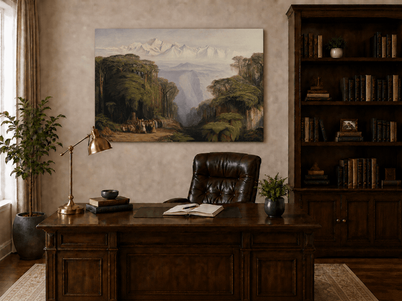 Hand-painted tropical jungle with snow-capped peaks and villagers landscape oil painting displayed above a desk in a home office interior.