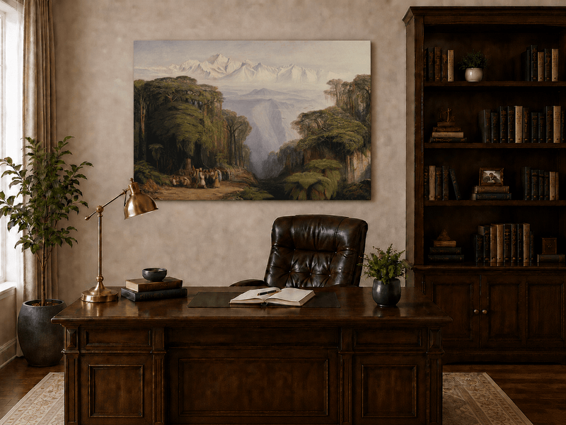 Hand-painted tropical jungle with snow-capped peaks and villagers landscape oil painting displayed above a desk in a home office interior.