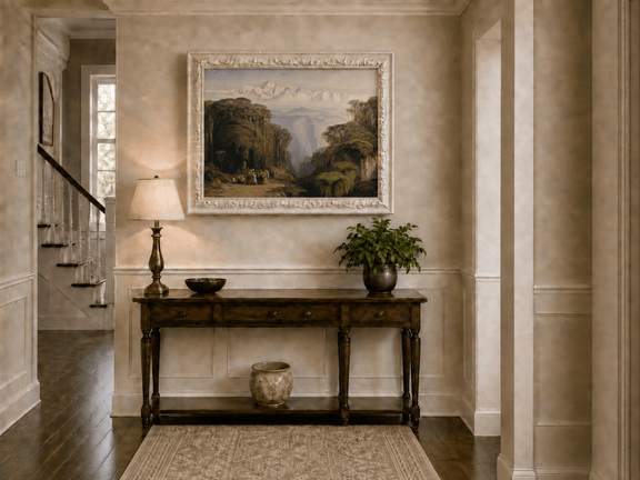 Hand-painted tropical jungle with snow-capped peaks and villagers landscape oil painting displayed above a console table in a hallway interior.