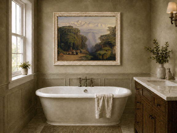 Hand-painted tropical jungle with snow-capped peaks and villagers landscape oil painting displayed in a bathroom interior above a bathtub.