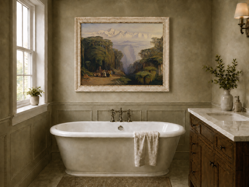 Hand-painted tropical jungle with snow-capped peaks and villagers landscape oil painting displayed in a bathroom interior above a bathtub.