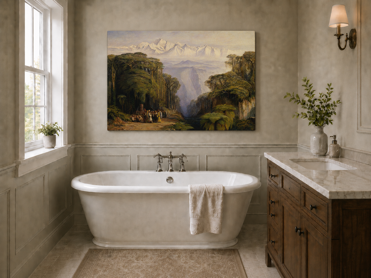 Hand-painted tropical jungle with snow-capped peaks and villagers landscape oil painting displayed in a bathroom interior above a bathtub.