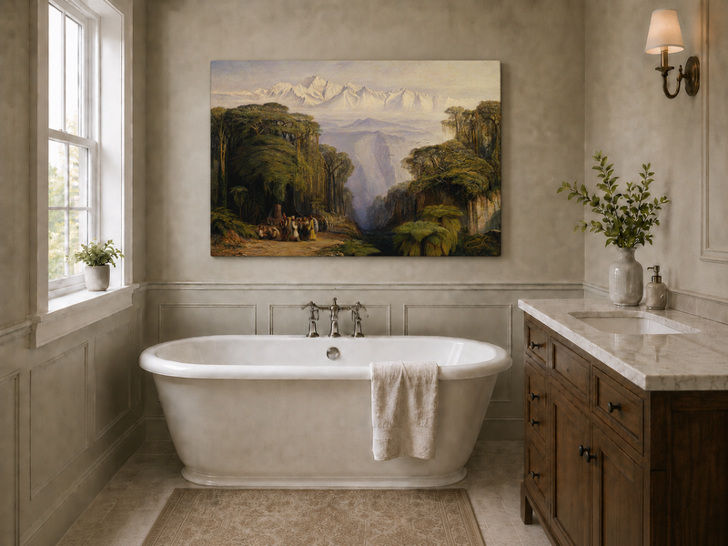 Hand-painted tropical jungle with snow-capped peaks and villagers landscape oil painting displayed in a bathroom interior above a bathtub.