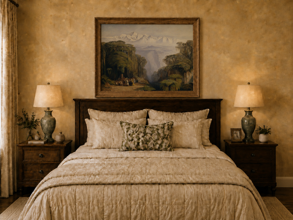 Hand-painted tropical jungle with snow-capped peaks and villagers landscape oil painting displayed above a bed in a bedroom interior.