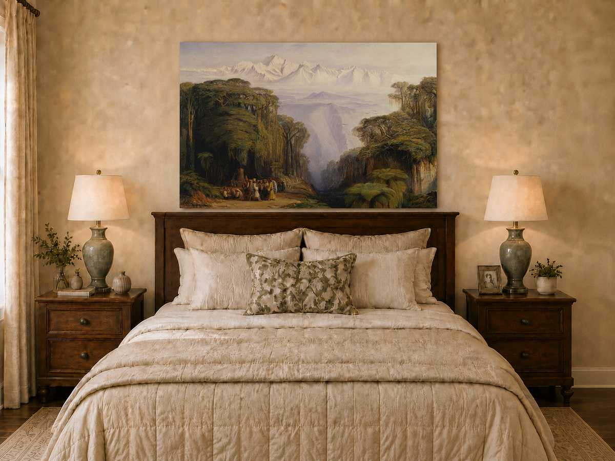 Hand-painted tropical jungle with snow-capped peaks and villagers landscape oil painting displayed above a bed in a bedroom interior.
