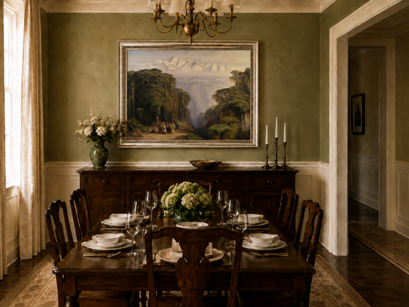 Hand-painted tropical jungle with snow-capped peaks and villagers landscape oil painting displayed in a dining room interior.