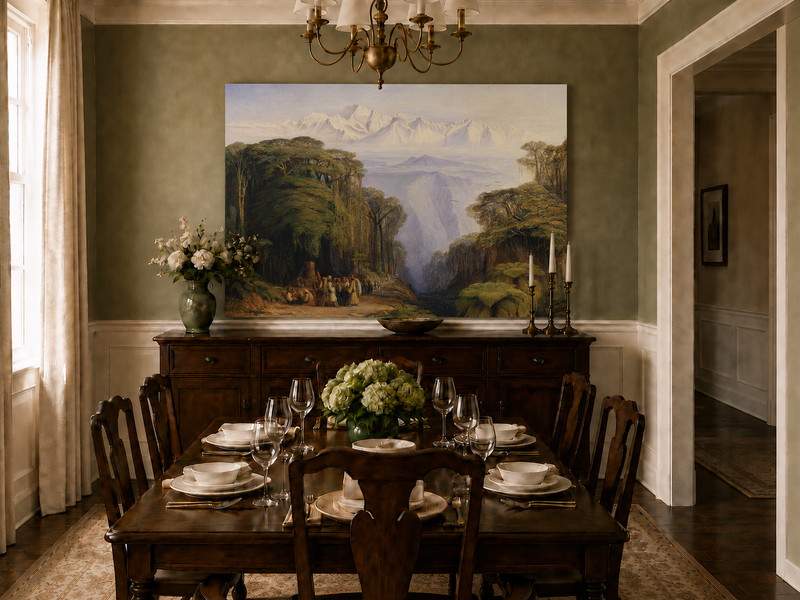 Hand-painted tropical jungle with snow-capped peaks and villagers landscape oil painting displayed in a dining room interior.