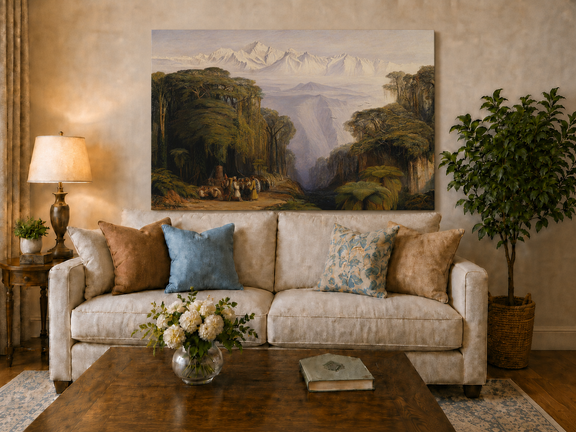 Hand-painted tropical jungle with snow-capped peaks and villagers landscape oil painting displayed above a sofa in a living room interior.