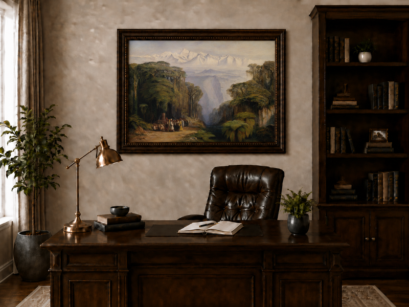 Hand-painted tropical jungle with snow-capped peaks and villagers landscape oil painting displayed above a desk in a home office interior.