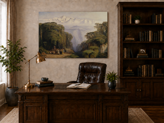 Hand-painted tropical jungle with snow-capped peaks and villagers landscape oil painting displayed above a desk in a home office interior.