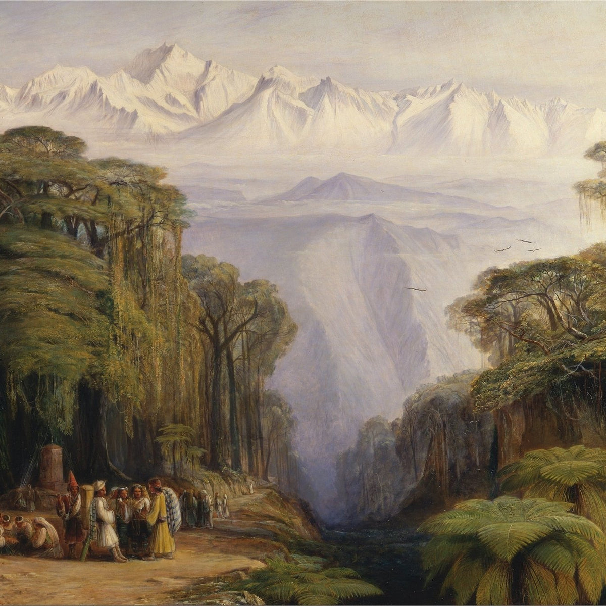 Landscape Oil Painting - Tropical Jungle, Snow - Capped Peaks & Villagers - Oil Painting Haven