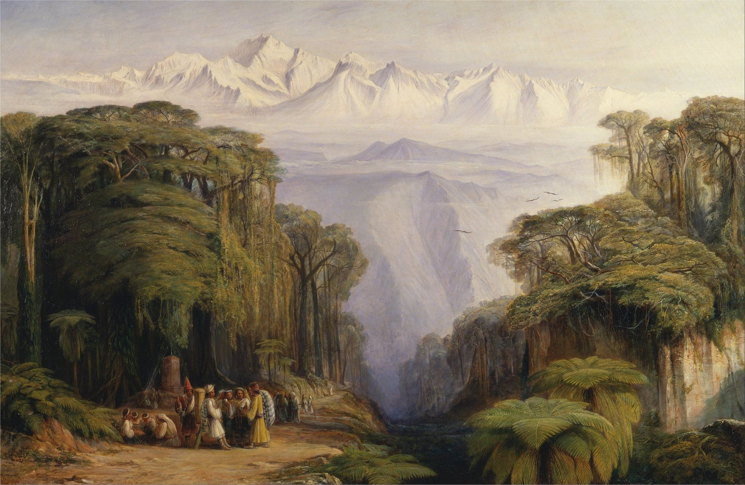 Landscape Oil Painting - Tropical Jungle, Snow - Capped Peaks & Villagers - Oil Painting Haven