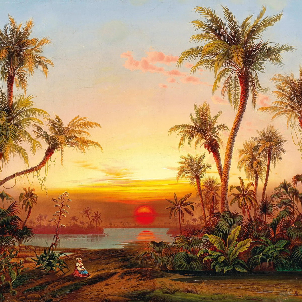Hand-painted tropical palm sunset over exotic river landscape oil painting on canvas
