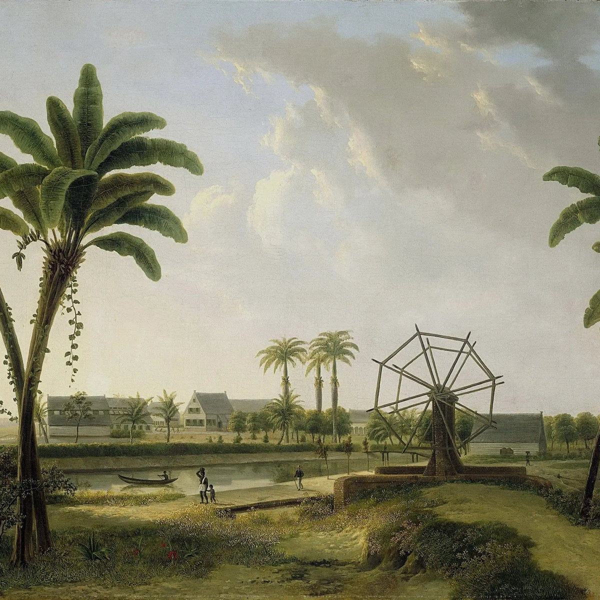 Landscape Oil Painting - Tropical Riverside with Waterwheel and Figures - Oil Painting Haven