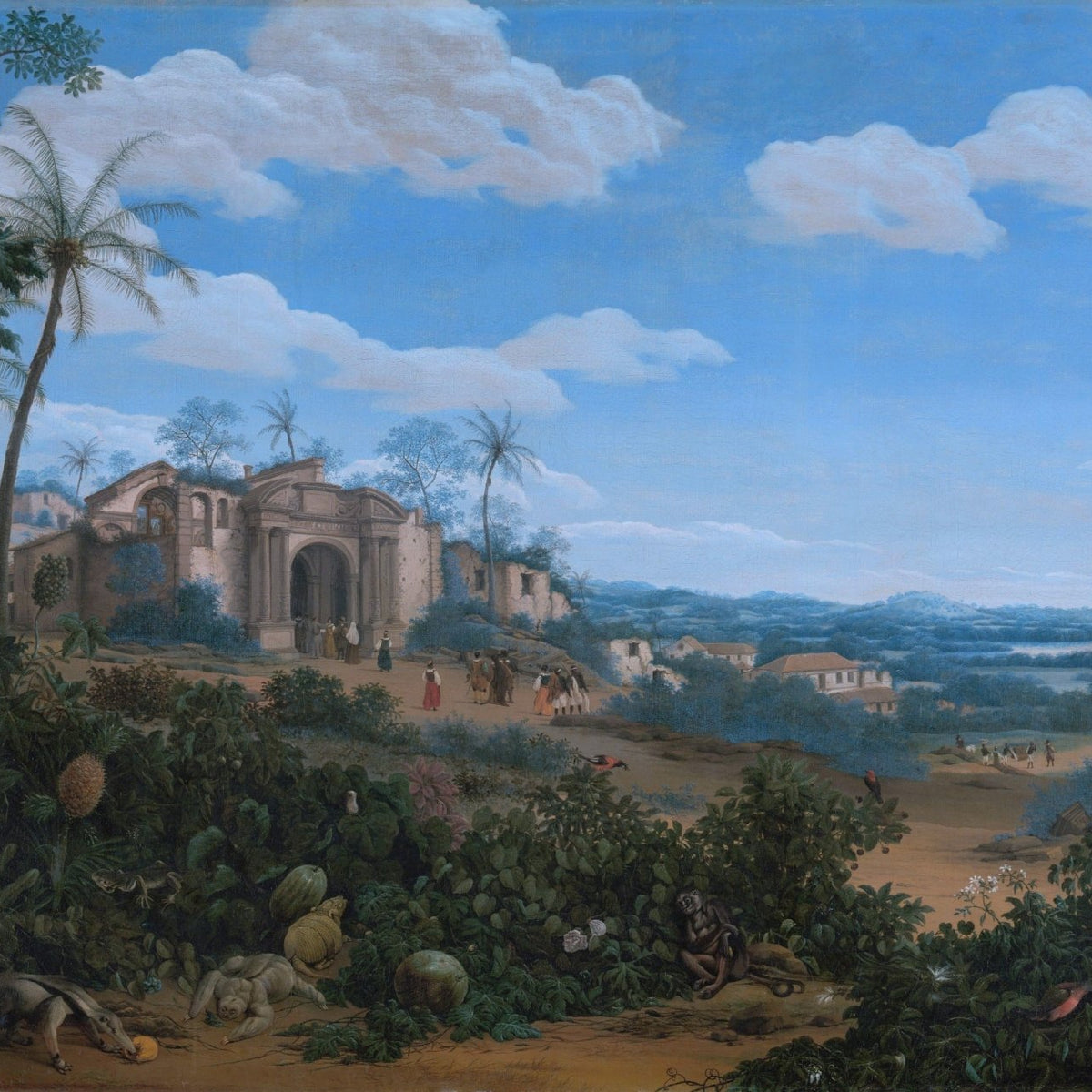 Hand-painted tropical ruins and jungle panorama view landscape oil painting on canvas