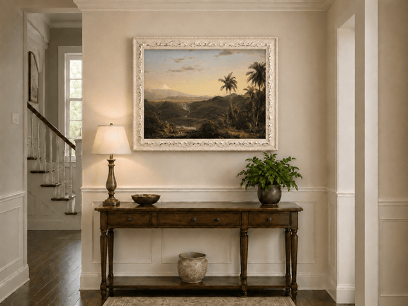 Tropical valley and snow-capped volcano at dusk hand-painted oil artwork shown as home wall decor.