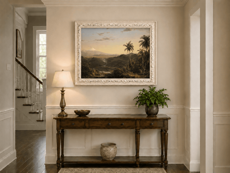 Tropical valley and snow-capped volcano at dusk hand-painted oil artwork shown as home wall decor.