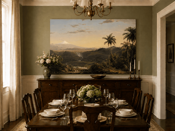 Hand-painted tropical valley and snowy volcano landscape artwork in an interior display.