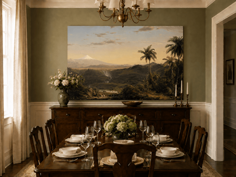 Hand-painted tropical valley and snowy volcano landscape artwork in an interior display.