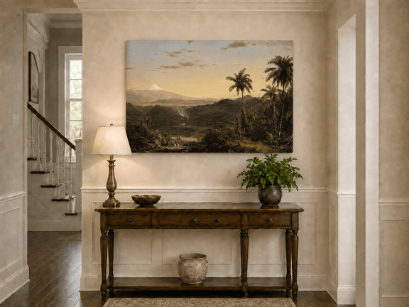 Tropical volcanic valley landscape painting shown as decorative oil wall art.