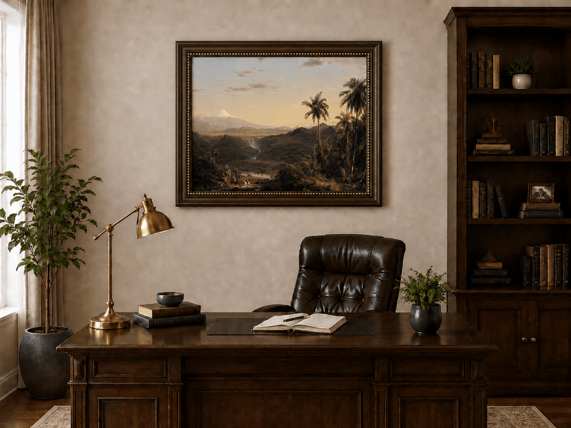 Snow-capped volcano above a tropical valley at dusk landscape oil painting presented in an interior wall art mockup.