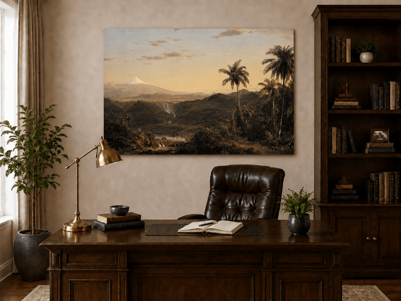 Interior wall art view featuring a tropical valley at dusk with snow-capped volcano oil painting.