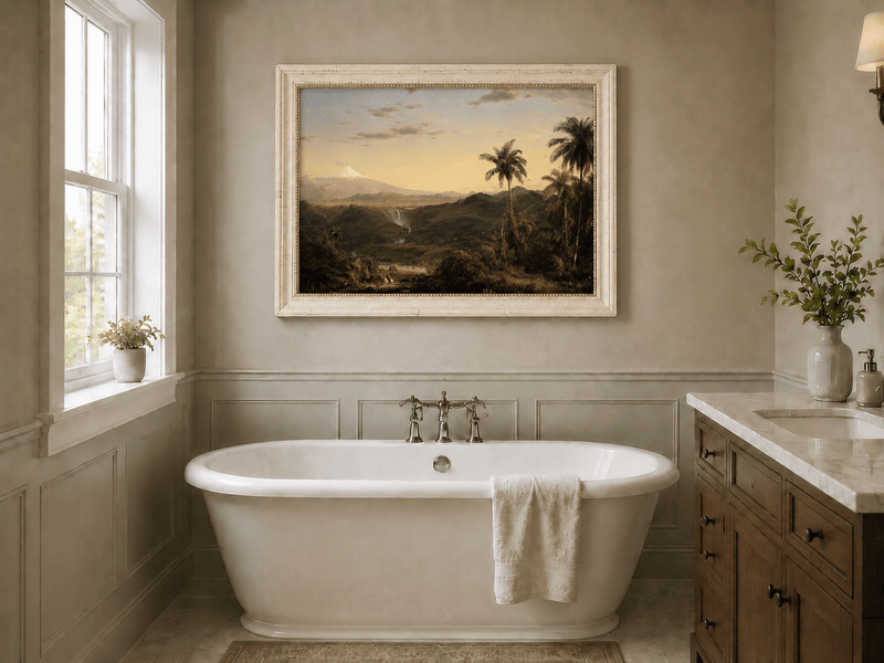 Tropical valley dusk landscape oil painting presented as interior home decor.