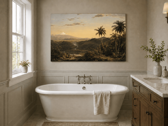 Tropical valley at dusk with snow-capped volcano landscape oil painting presented as styled home decor.