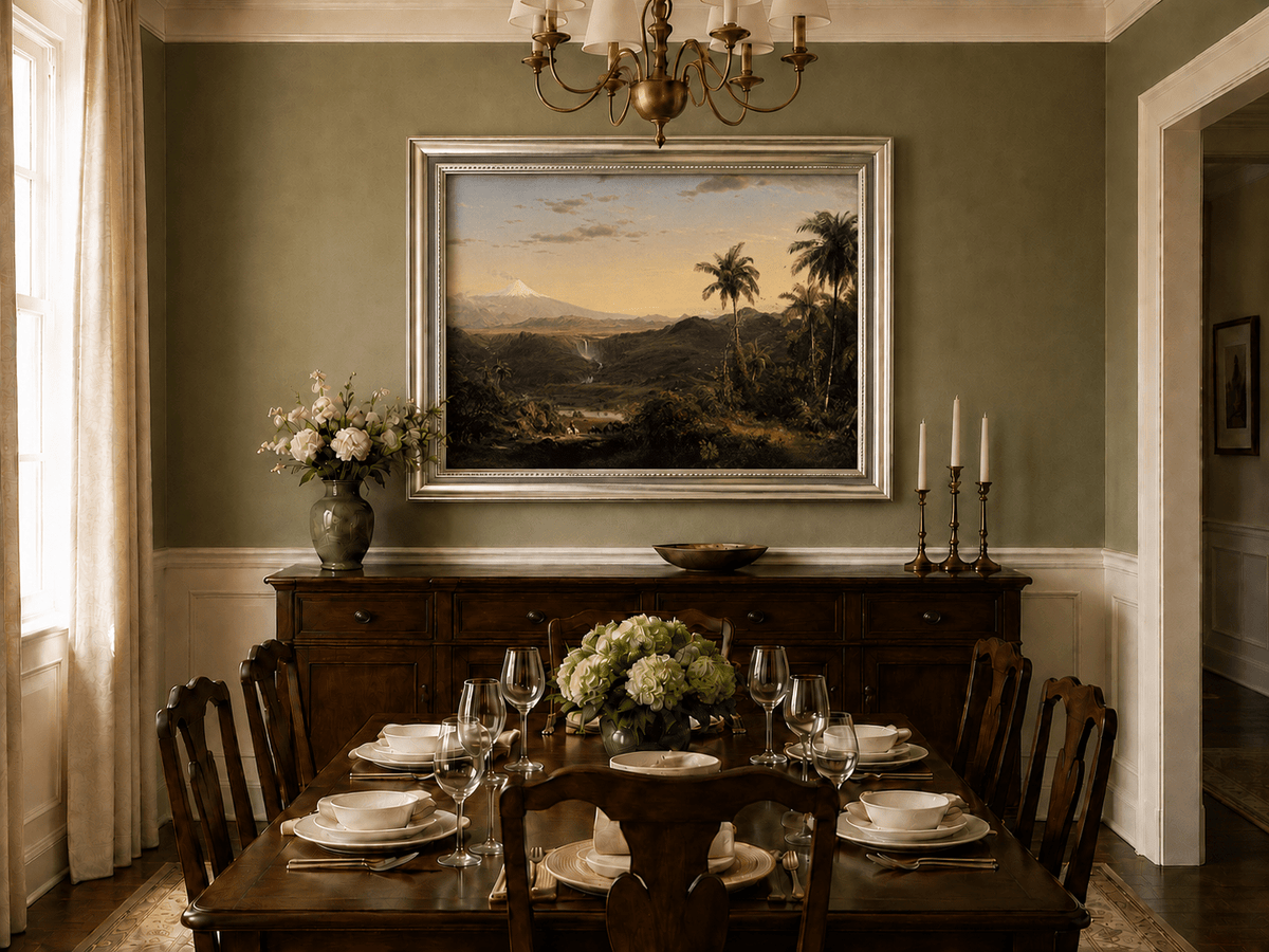Tropical dusk valley and volcano oil landscape artwork shown in a styled home interior.