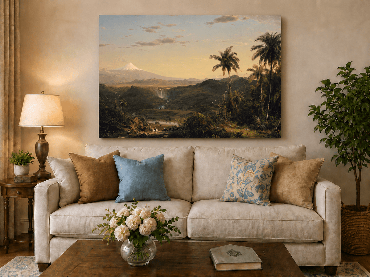 Snow-capped tropical volcano hand-painted oil artwork displayed in a second interior view.
