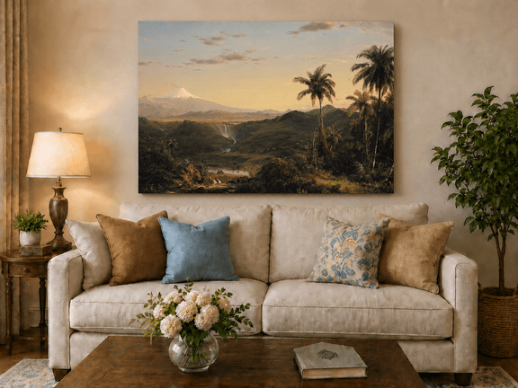 Snow-capped tropical volcano hand-painted oil artwork displayed in a second interior view.