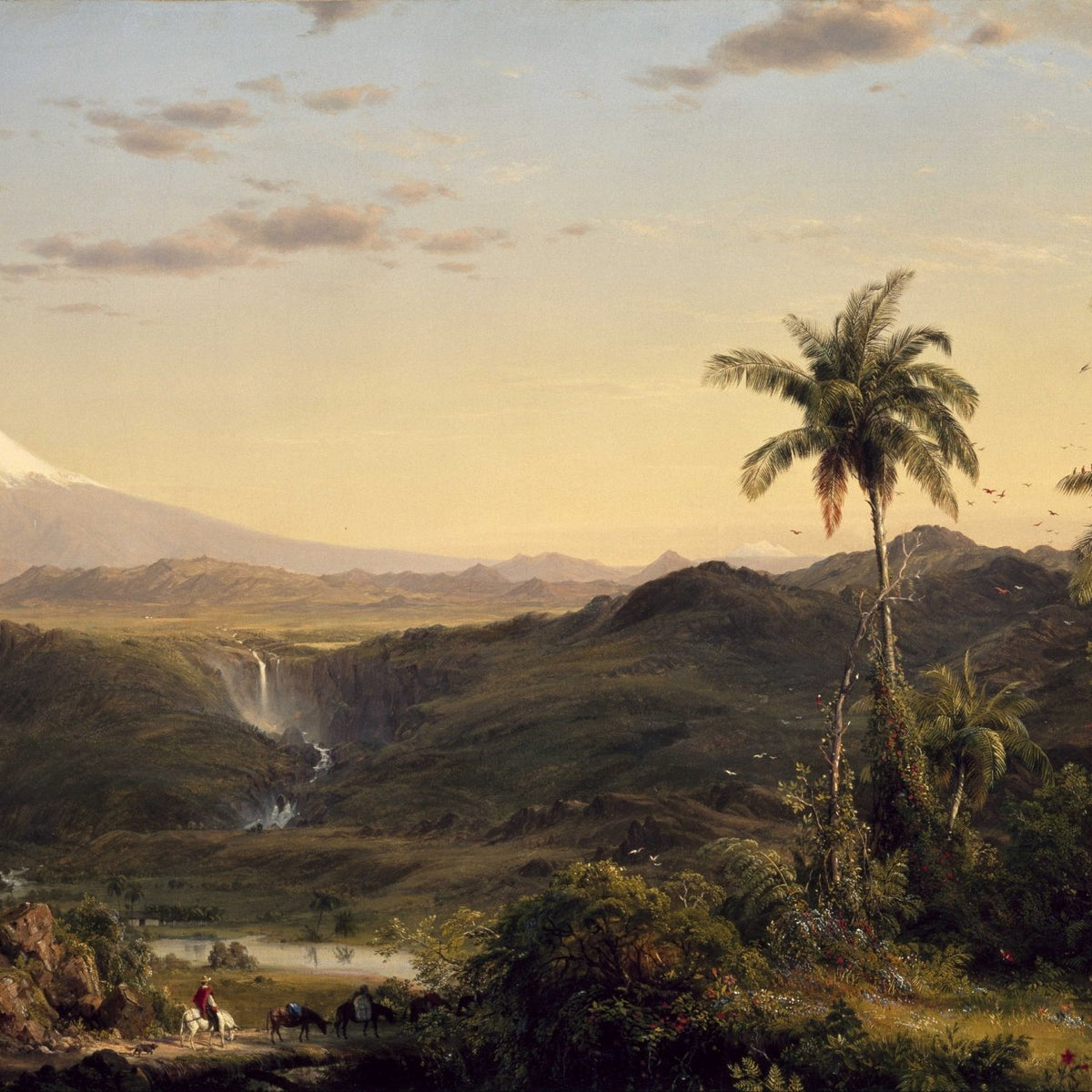 Landscape Oil Painting - Tropical valley dusk & snow - capped volcano - Oil Painting Haven