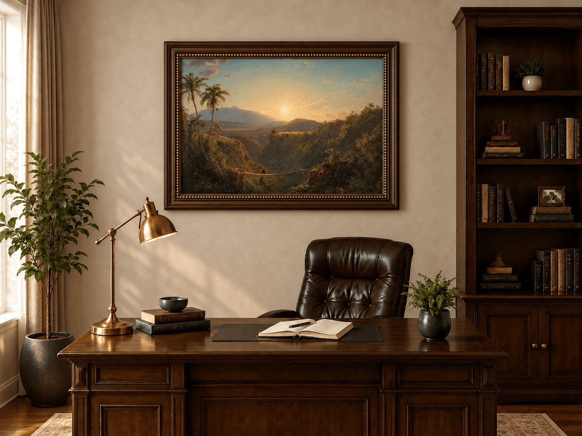 Landscape Oil Painting - Tropical Valley Sunset Bridge View