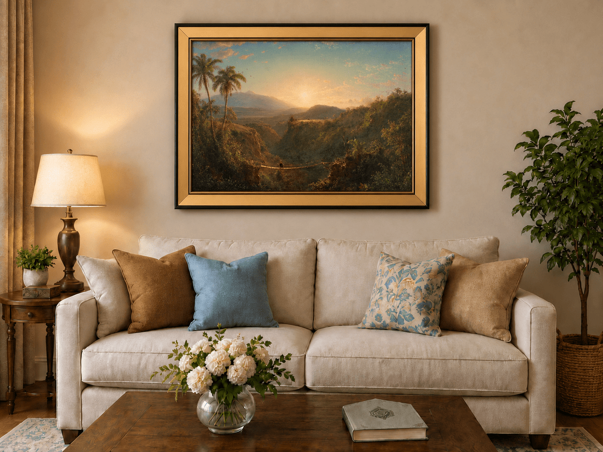 Landscape Oil Painting - Tropical Valley Sunset Bridge View