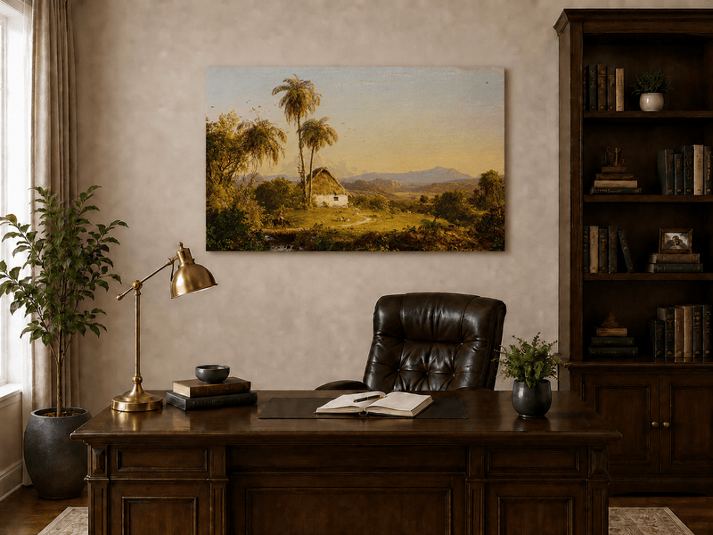 Peinture à l'huile de paysage - Village côtier avec phare et coucher de soleil